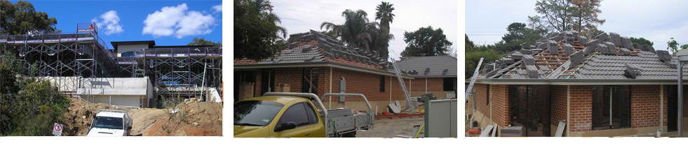Collage of three images arranged horizontally showing different roof replacements for houses